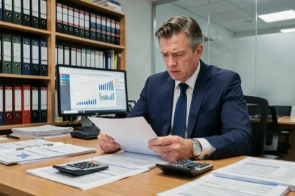 Comptable examinant des documents fiscaux liés à l'acompte d'impôt sur les sociétés dans un bureau professionnel
