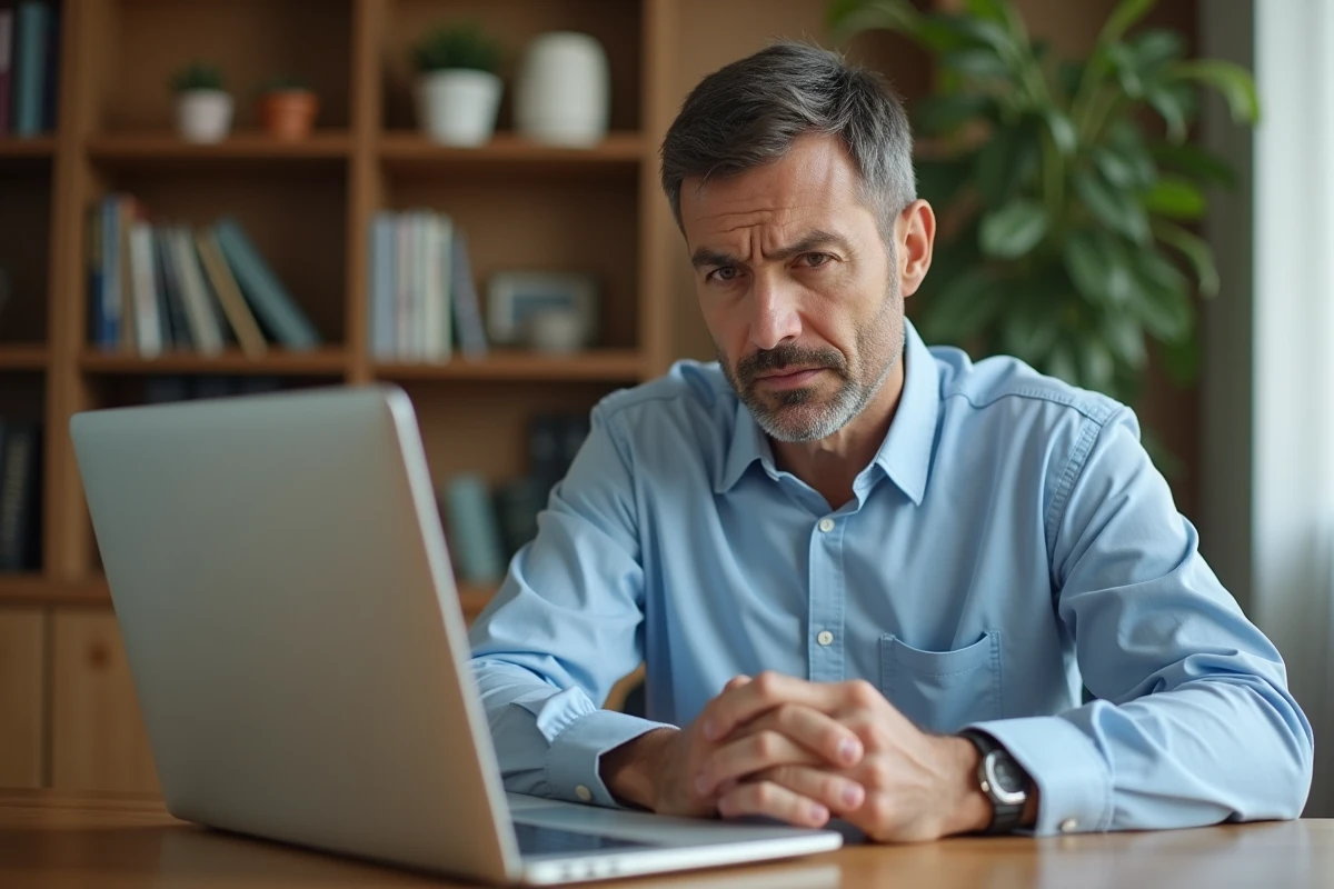 Homme utilisant son ordinateur portable pour se connecter à l'espace client Banque Populaire Cyberplus depuis son bureau à domicile