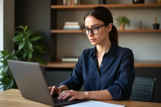 Femme connectée à son espace personnel CA56 sur un ordinateur portable depuis son bureau à domicile
