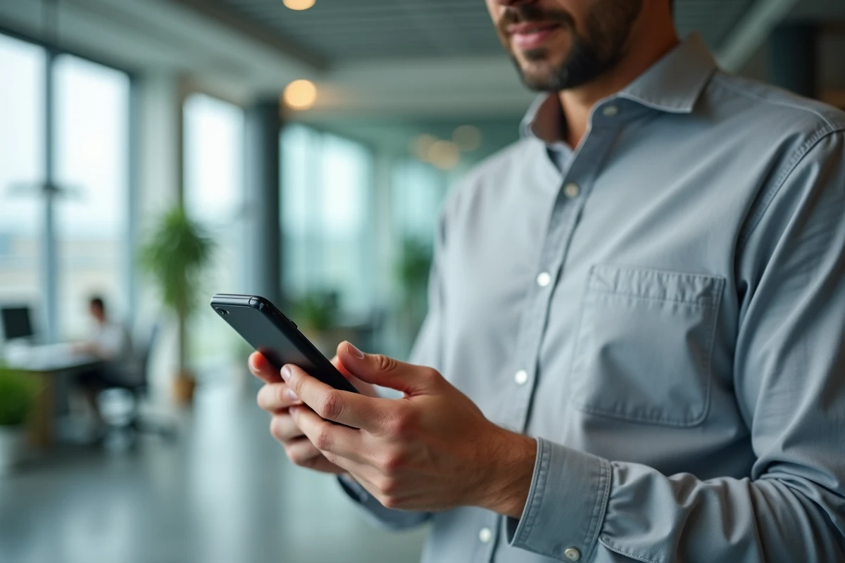 Homme se connectant à son compte CA56 en toute sécurité depuis son smartphone au bureau