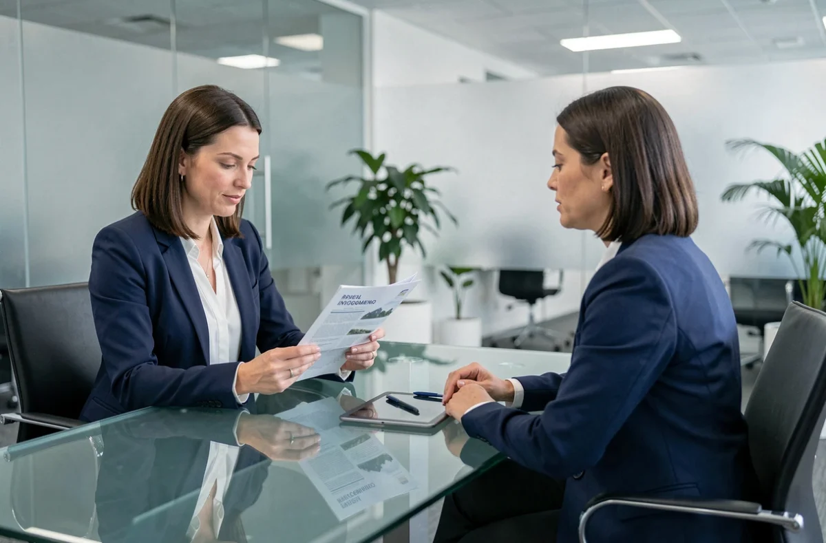 Femme discutant d'un investissement SCPI avec un conseiller financier dans une agence de gestion de patrimoine