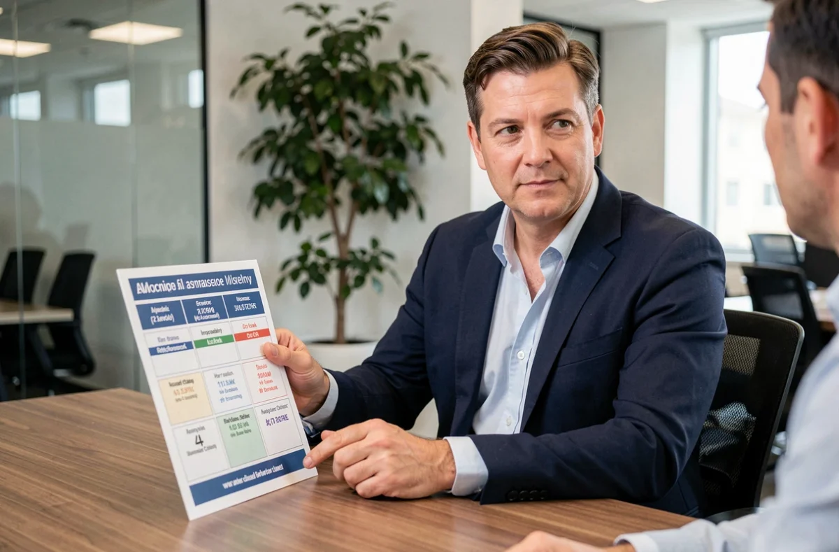 Conseiller financier présentant un comparatif d'assurance emprunteur à un client en agence
