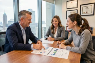 Conseiller financier présentant les avantages d'une SCPI à un couple dans un bureau moderne avec vue sur la ville