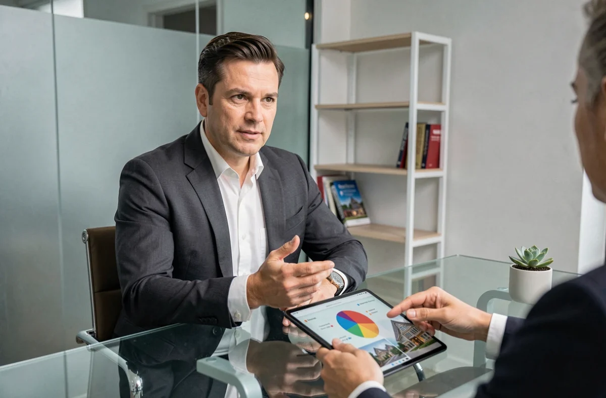 Conseiller financier présentant des options de placement SCPI à un client en réunion