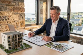 Conseiller en investissement locatif dans le Finistère examinant des plans immobiliers dans un bureau moderne avec vue sur la côte bretonne