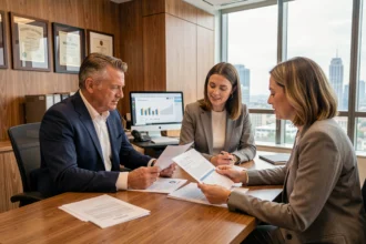 Conseiller financier présentant un bilan patrimonial à un couple dans un bureau professionnel moderne