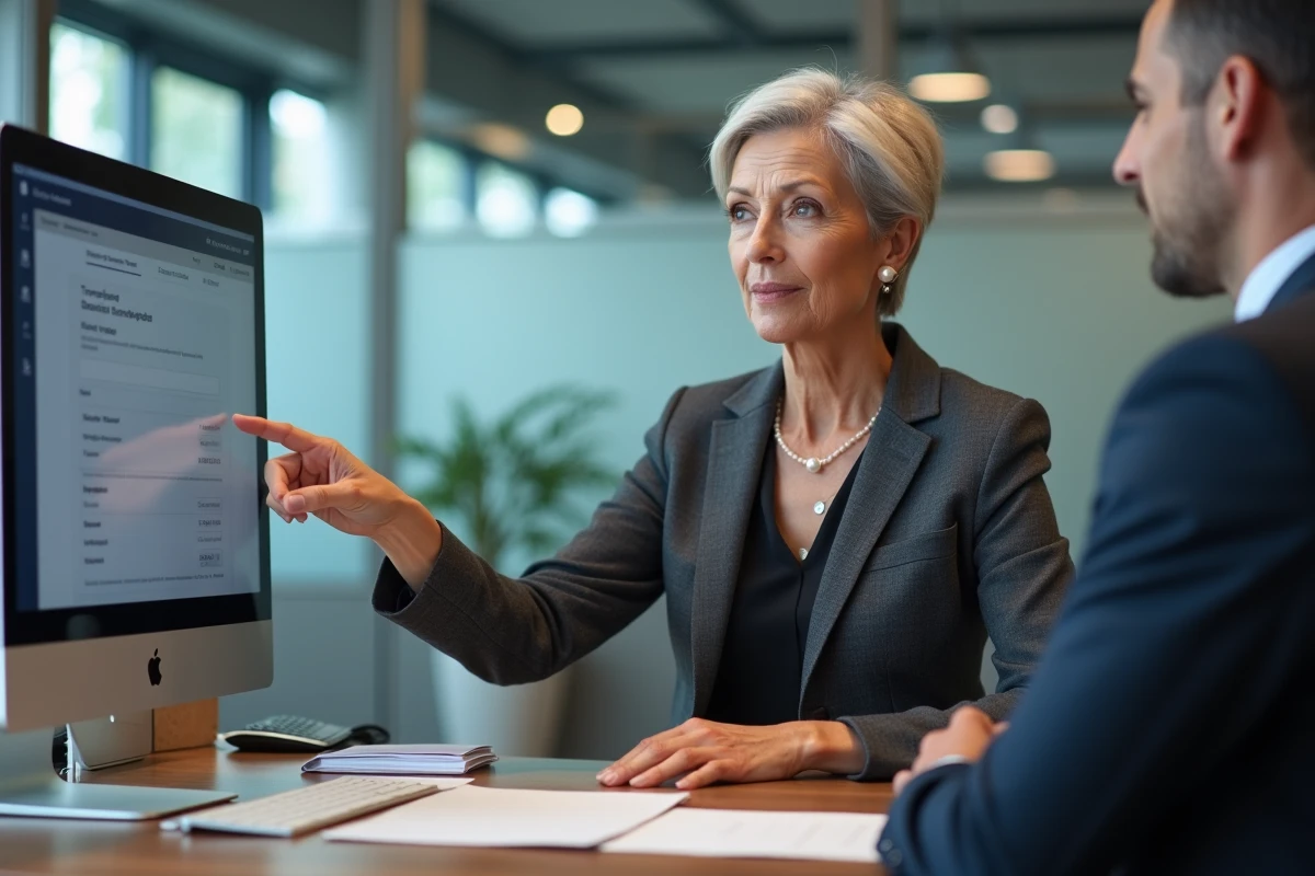 Conseillère bancaire Banque Populaire Sud Ouest expliquant à un client comment paramétrer virements et prélèvements sur Cyberplus en agence