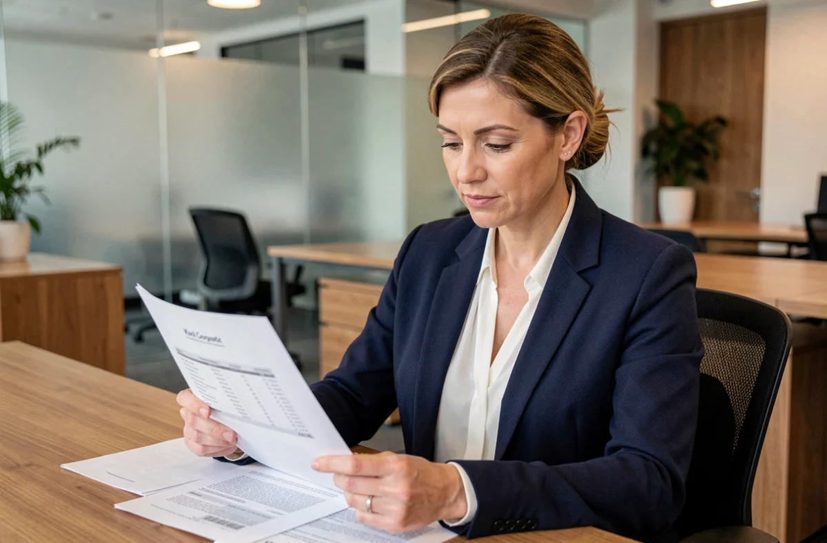 Conseillère en financement automobile examinant un contrat de fin de bail Cofica Bail dans un bureau professionnel