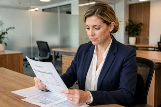 Conseillère en financement automobile examinant un contrat de fin de bail Cofica Bail dans un bureau professionnel