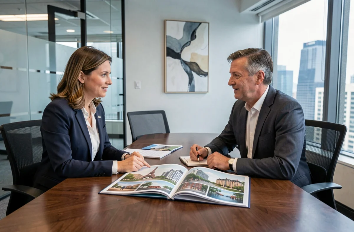 Deux conseillers financiers discutant d'une stratégie de diversification via des SCPI investies dans l'immobilier européen