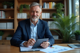 Consultant financier homme en costume bleu analyse des documents