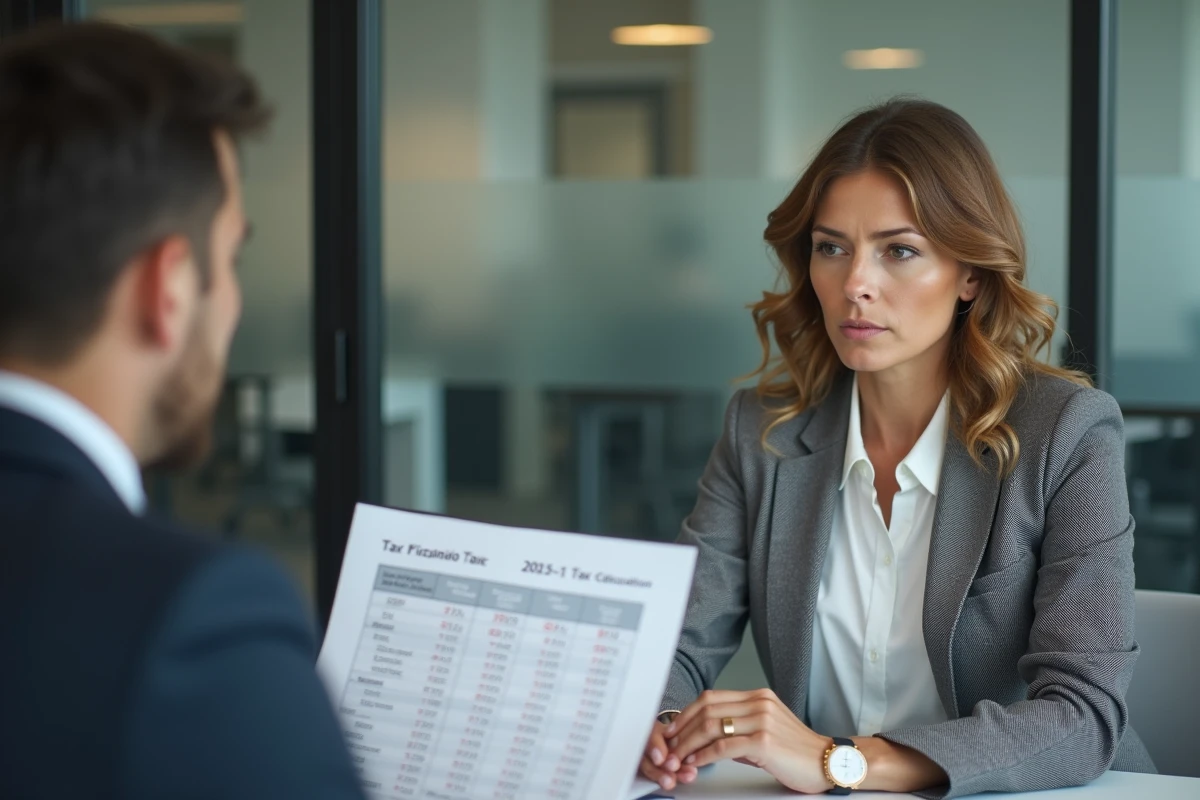 Femme en réunion avec un conseiller fiscal discutant du taux moyen d'imposition et des tranches de revenus soumis au barème