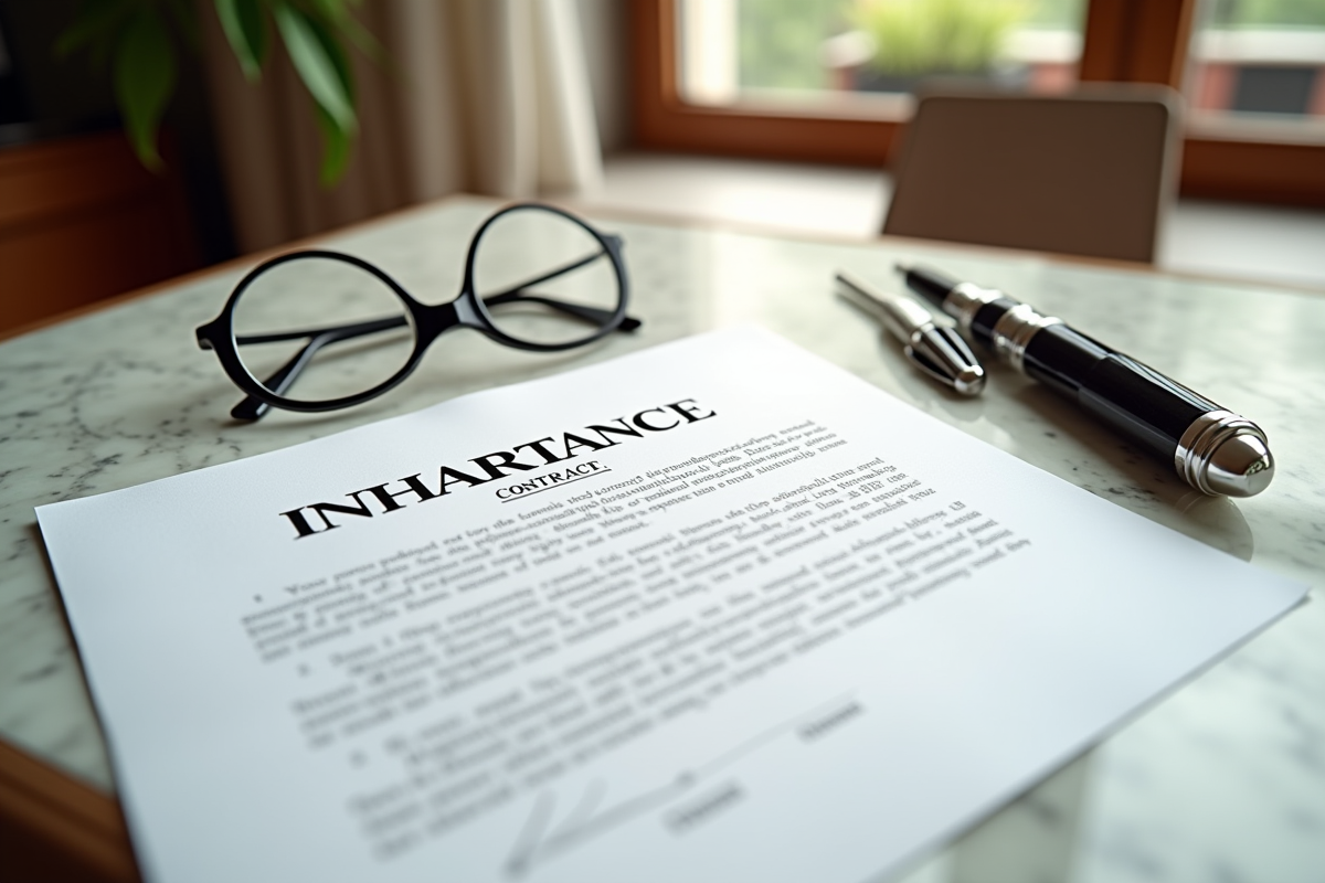 Contrat d héritage avec lunettes et stylo sur une table en marbre
