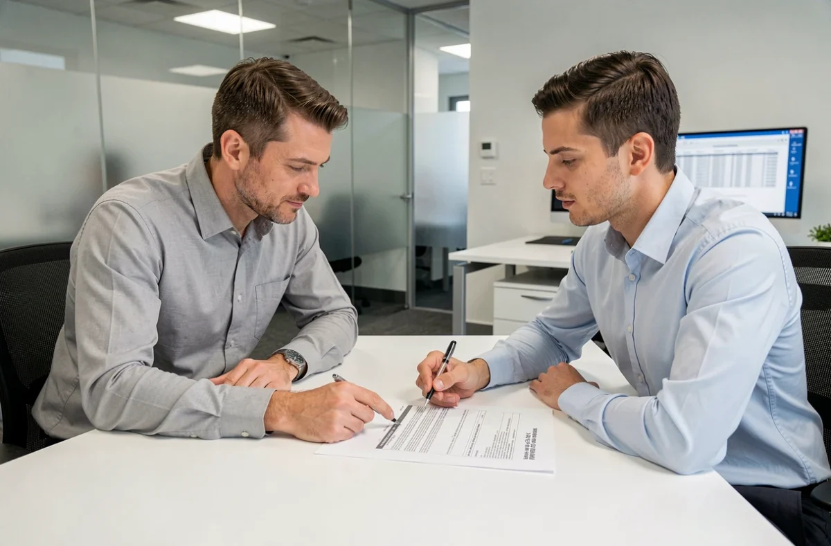 Contribuable et comptable examinant ensemble le formulaire 2041-DPTF-SD dans un bureau professionnel