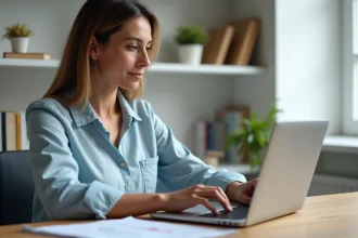 Femme consultant un site de conversion dirhams en euros sur son ordinateur portable dans un bureau à domicile