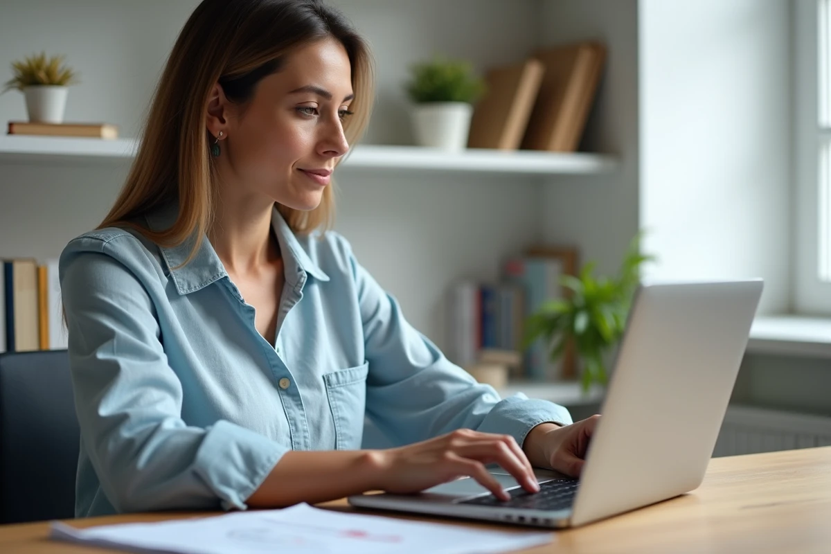 Femme consultant un site de conversion dirhams en euros sur son ordinateur portable dans un bureau à domicile