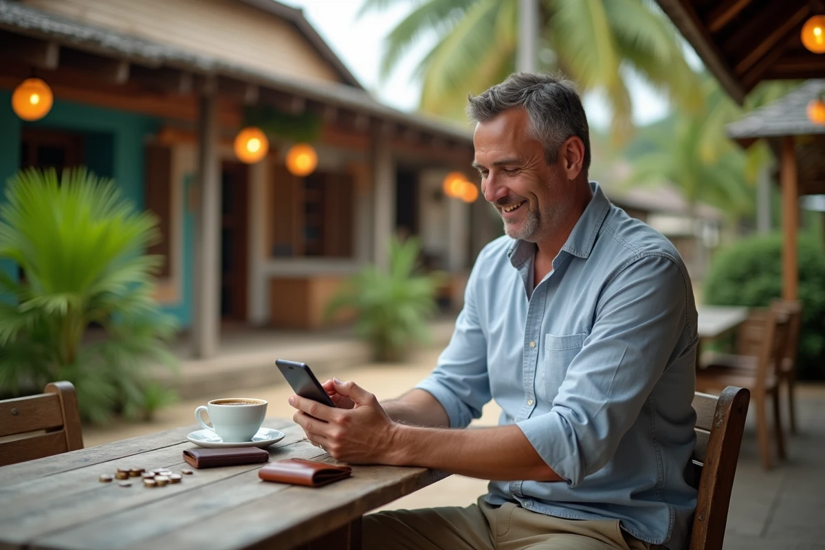 Voyageur consultant une application de conversion franc pacifique euro sur smartphone dans un café en Polynésie française