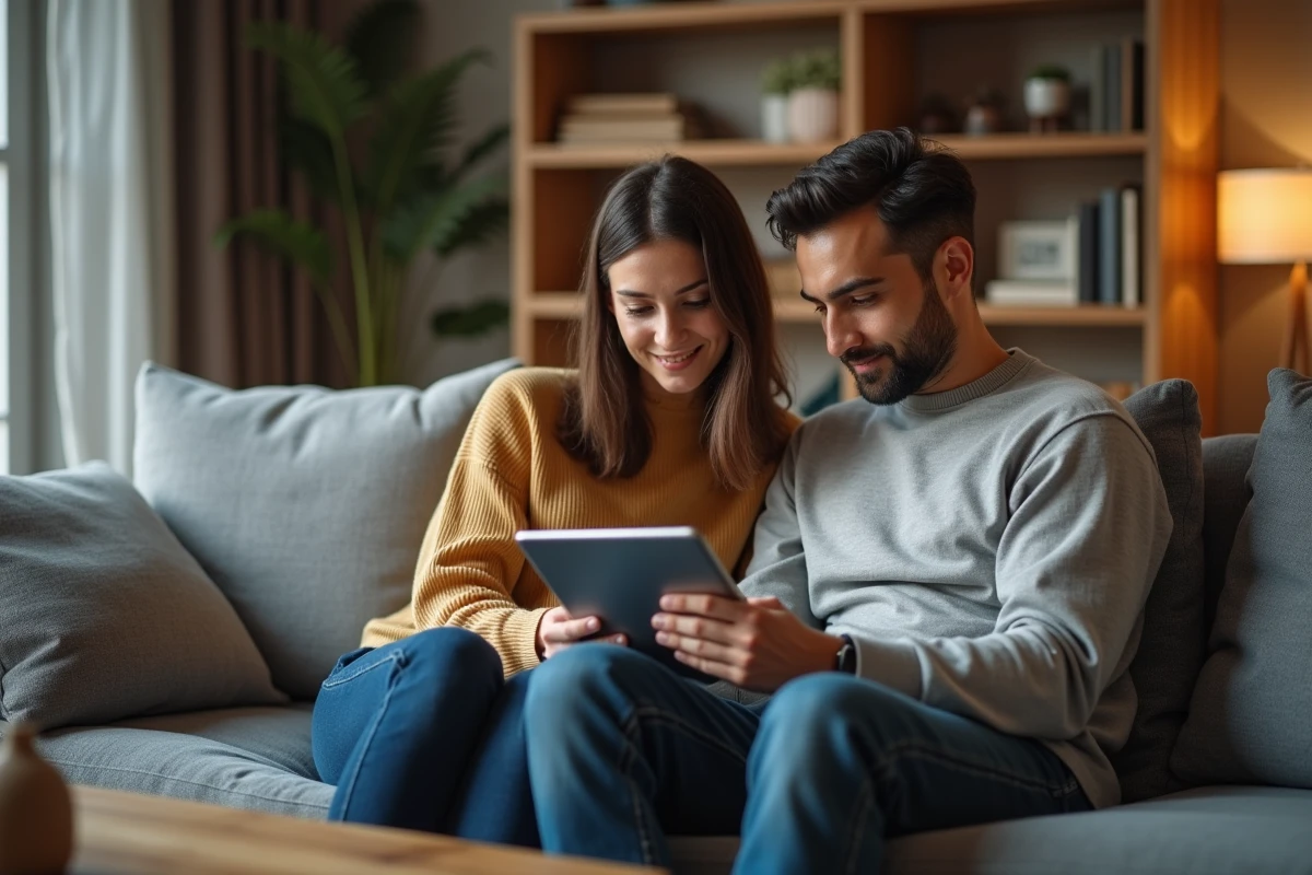 Couple consultant ensemble les paramètres d'alertes bancaires sur tablette pour leur compte Cyberplus Bp du Sud