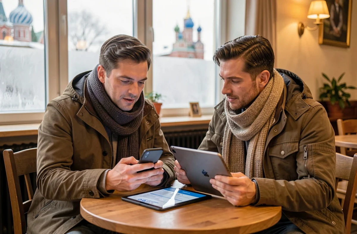 Couple comparant des offres d'assurance voyage sur smartphone et tablette dans un café avant un séjour en Russie