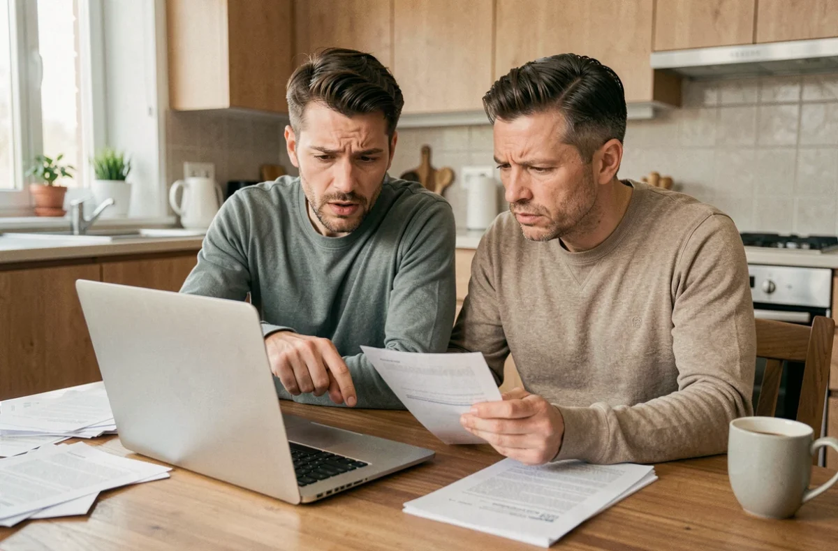 Couple examinant un relevé bancaire sur un compte joint à la maison, cherchant à comprendre un remboursement