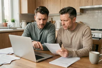Couple examinant un relevé bancaire sur un compte joint à la maison, cherchant à comprendre un remboursement