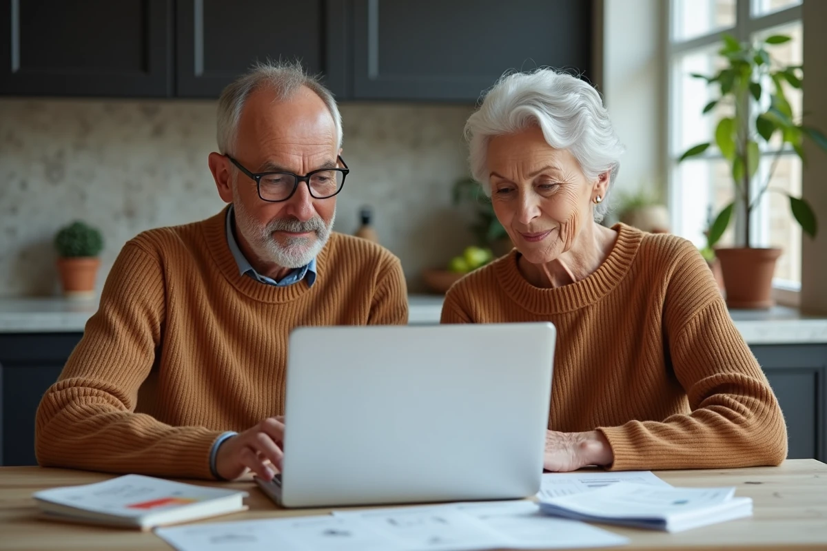 Couple de particuliers consultant les nouveaux tarifs La Banque Postale 2026 sur ordinateur portable à la maison
