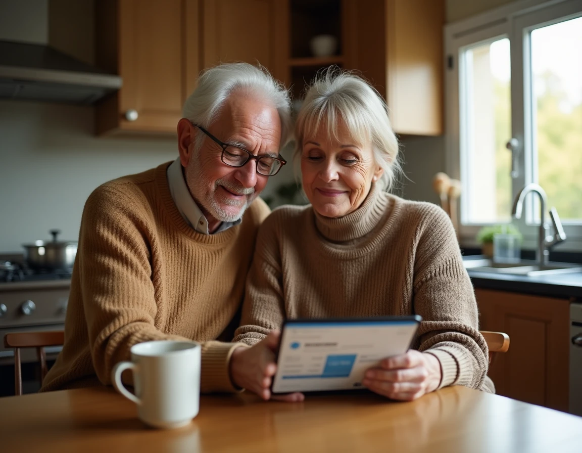 Couple senior consultant une application bancaire sur tablette pour gérer leur livret d'épargne LEL à domicile