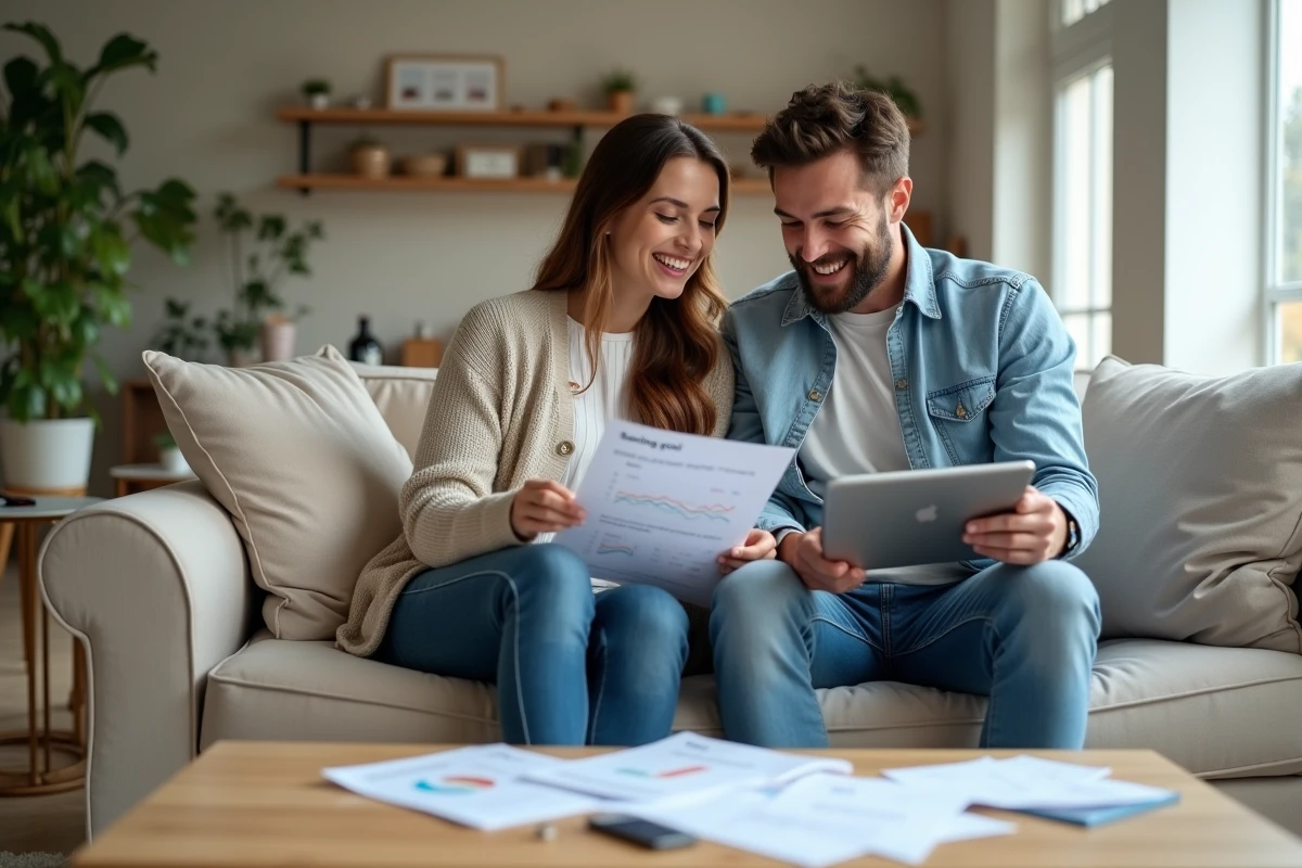 Couple en train de planifier leur budget et leur épargne à domicile en consultant leurs relevés de compte Caisse d'Épargne