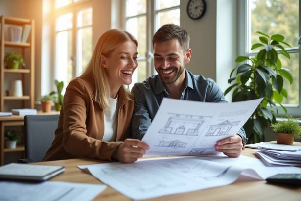 Couple souriant examinant des plans de maison dans un bureau lumineux
