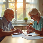 Couple senior planifiant sa retraite avec documents et ordinateur