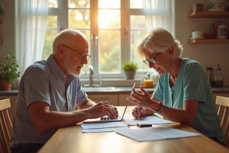 Couple senior planifiant sa retraite avec documents et ordinateur