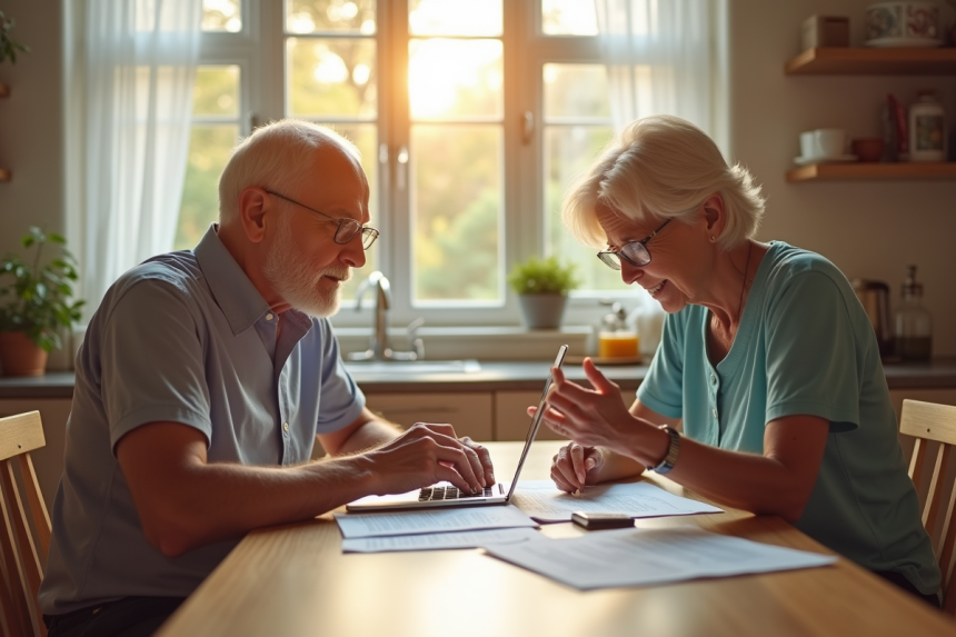 Couple senior planifiant sa retraite avec documents et ordinateur