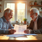 Couple retraité souriant examinant des documents financiers à la cuisine
