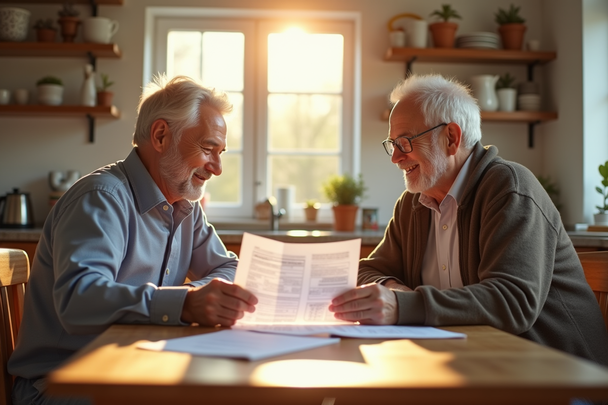 Couple retraité souriant examinant des documents financiers à la cuisine