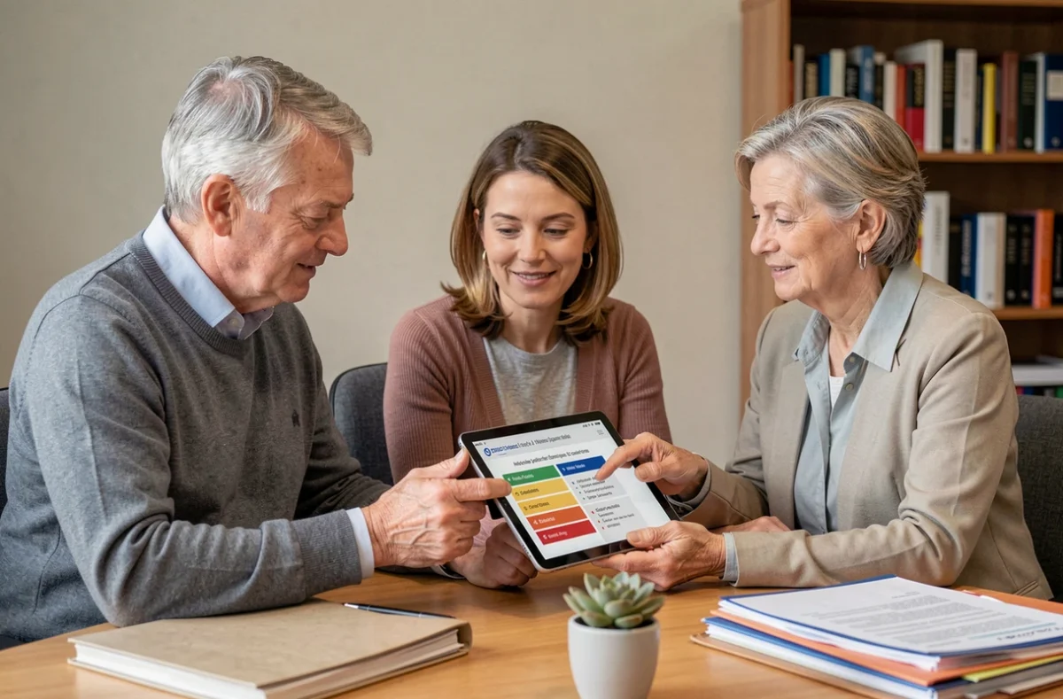 Couple de seniors en consultation avec un conseiller pour choisir une mutuelle santé adaptée