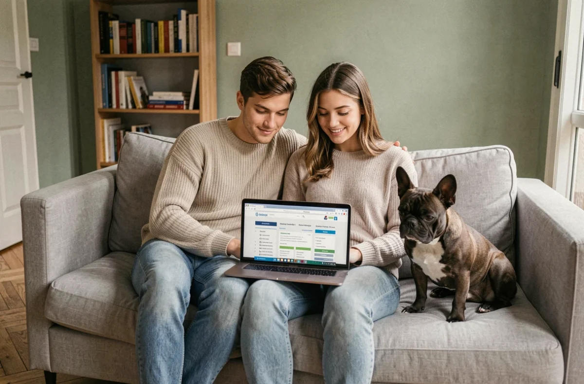 Couple recherchant une assurance chien CIC en ligne avec leur bouledogue français sur le canapé