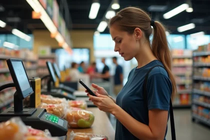 Femme faisant ses courses dans un supermarché américain avec un budget limité de 100 euros convertis en dollars