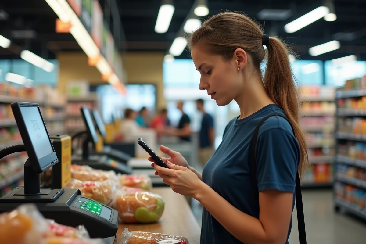 Femme faisant ses courses dans un supermarché américain avec un budget limité de 100 euros convertis en dollars