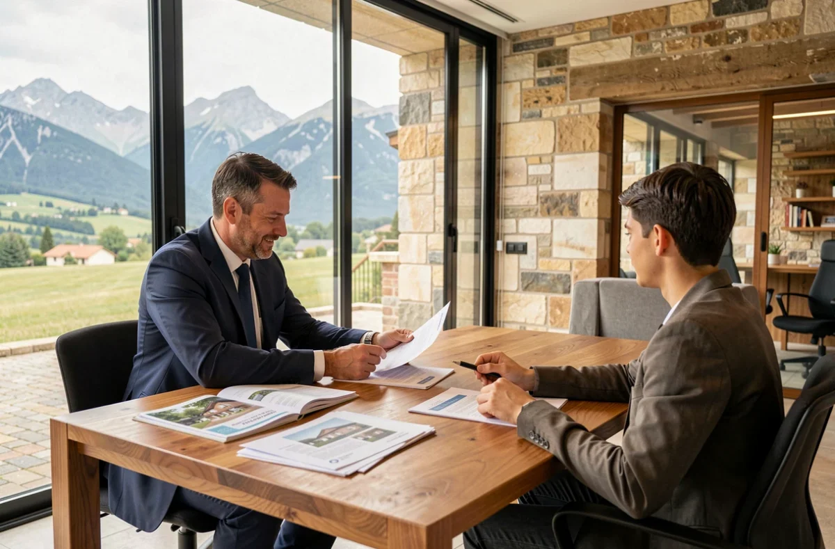 Courtier en crédit immobilier conseillant un couple dans les Pyrénées-Atlantiques avec vue sur les montagnes