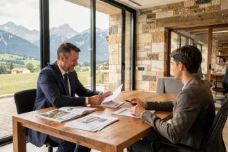Courtier en crédit immobilier conseillant un couple dans les Pyrénées-Atlantiques avec vue sur les montagnes