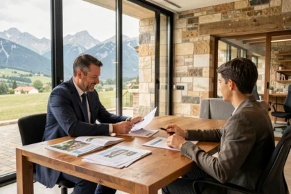 Courtier en crédit immobilier conseillant un couple dans les Pyrénées-Atlantiques avec vue sur les montagnes
