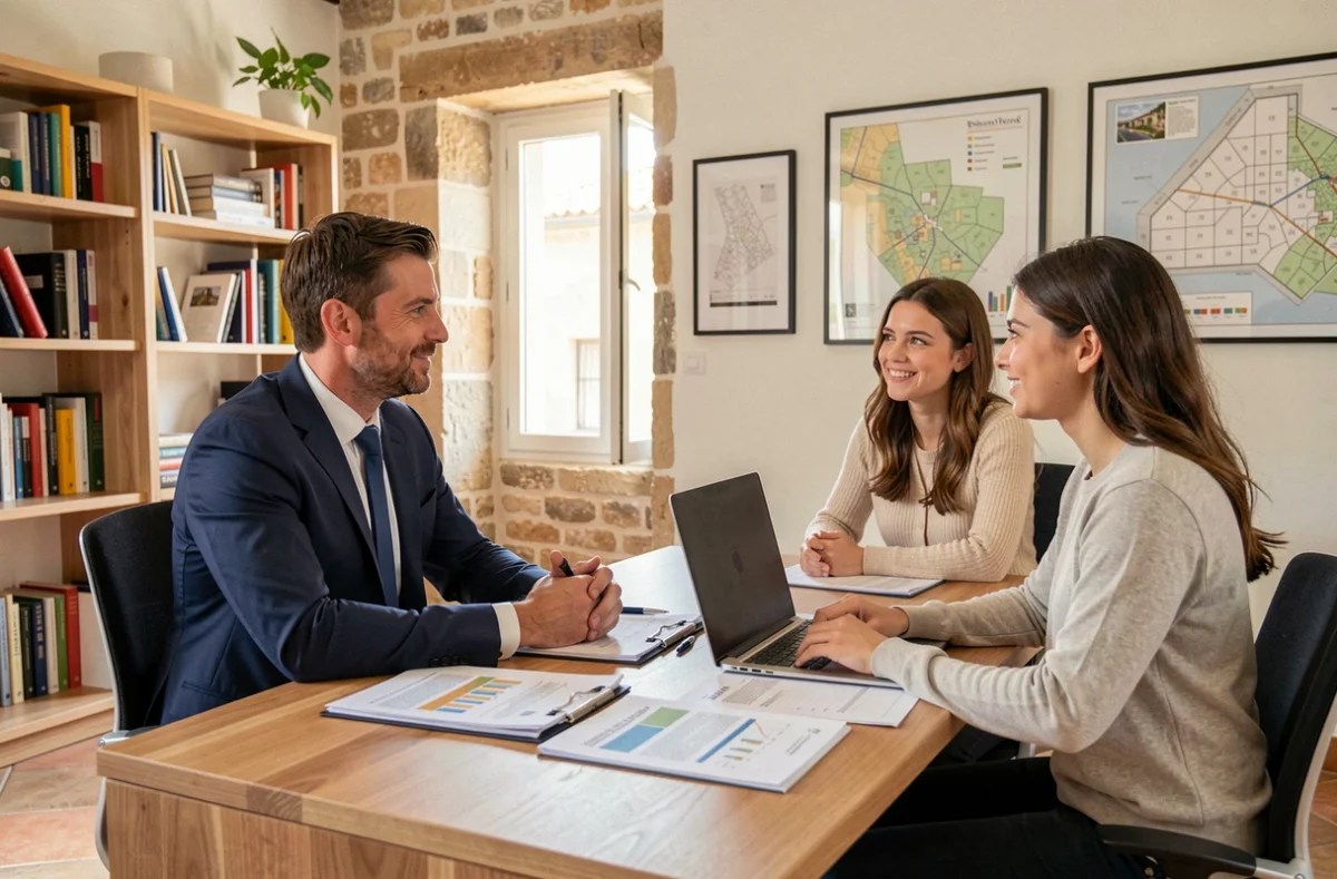Un courtier en crédit immobilier conseille un couple dans un bureau moderne à Avignon, Vaucluse