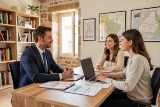 Un courtier en crédit immobilier conseille un couple dans un bureau moderne à Avignon, Vaucluse