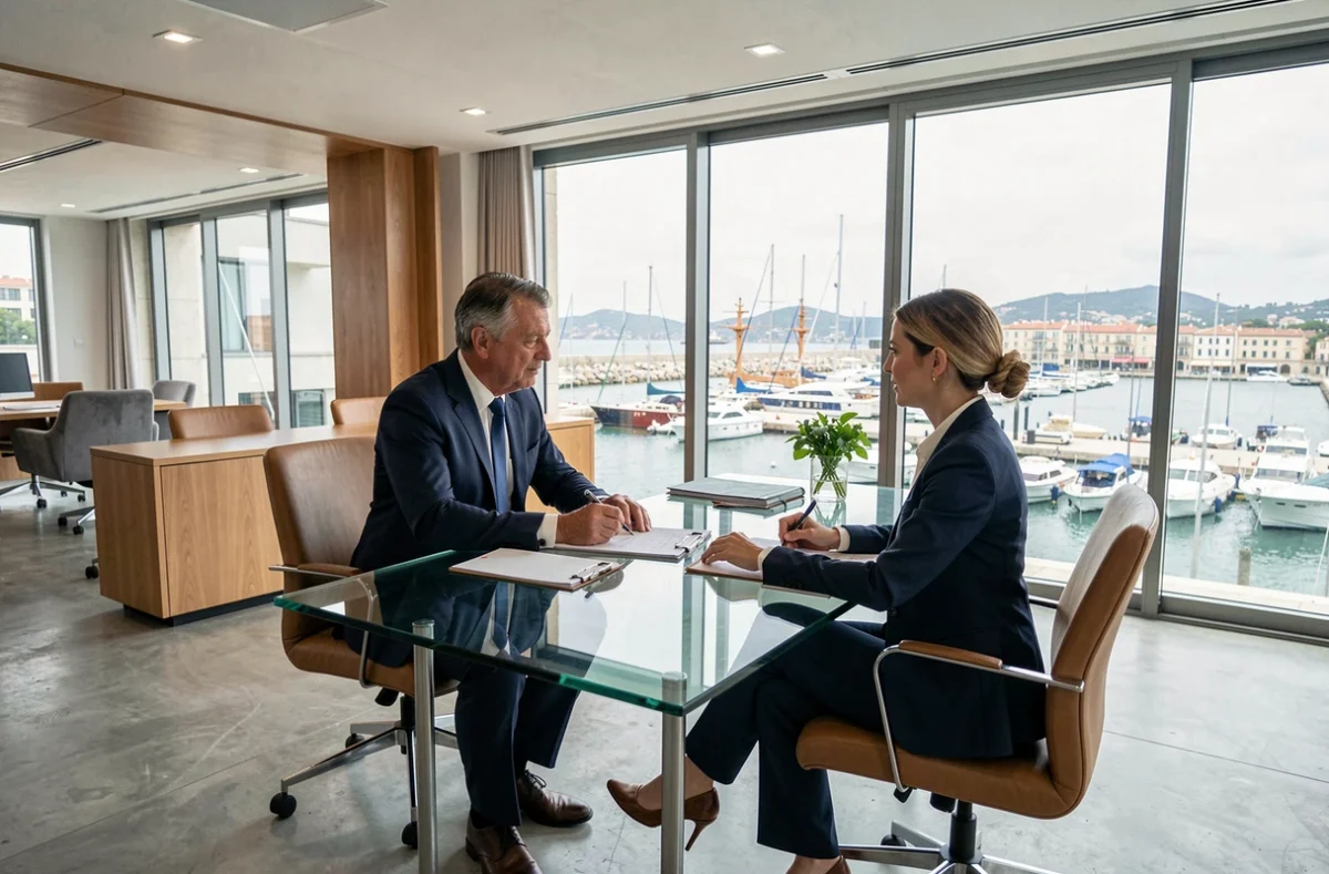 Courtier en assurance à Marseille recevant un client dans un bureau moderne avec vue sur le Vieux-Port