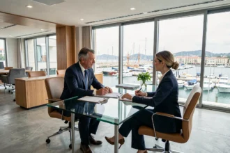 Courtier en assurance à Marseille recevant un client dans un bureau moderne avec vue sur le Vieux-Port