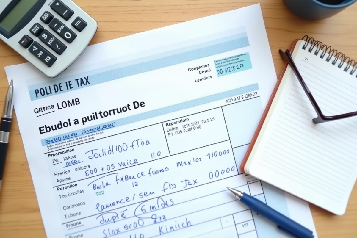 Vue de dessus d'une déclaration de revenus française entourée d'une calculatrice et de notes manuscrites sur les tranches du barème fiscal