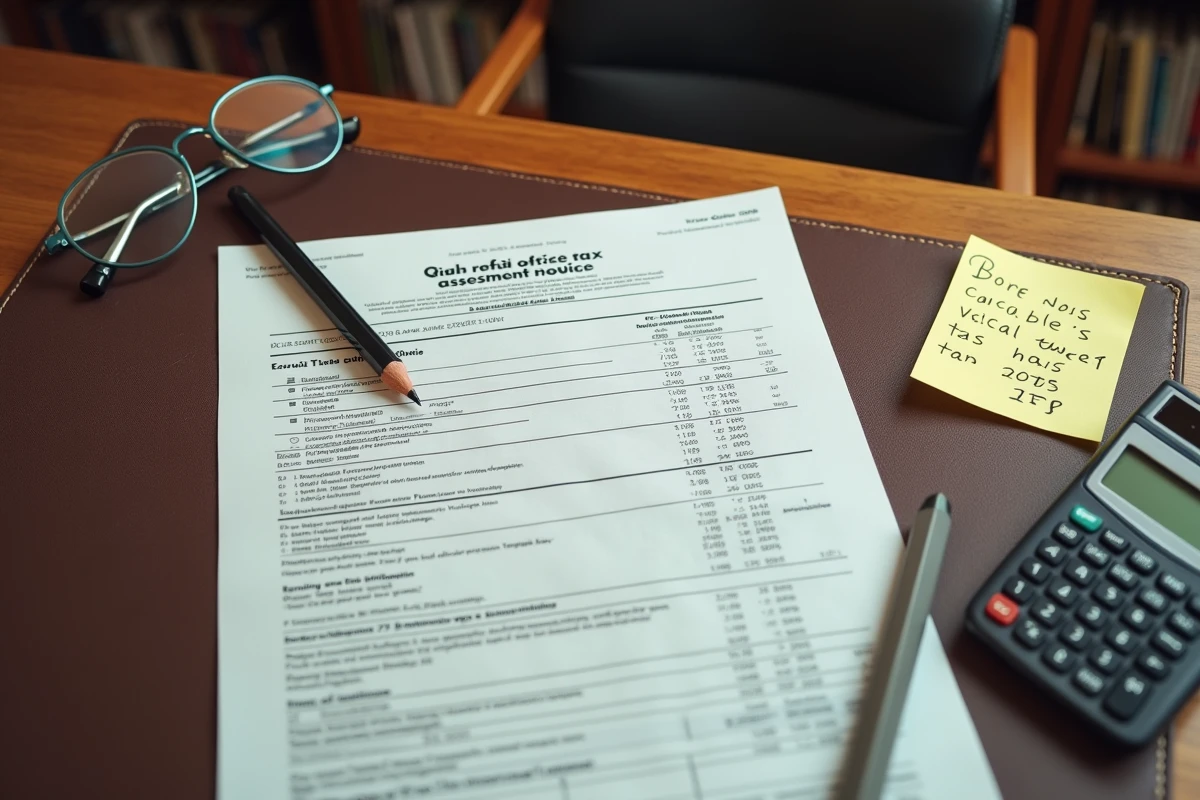 Gros plan sur un avis d'imposition français annoté avec calculatrice et crayon sur un bureau en bois