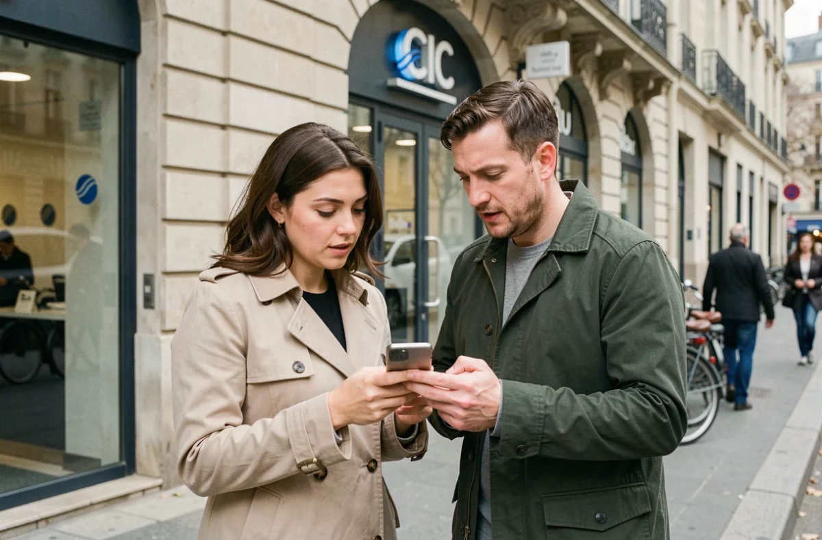 Deux personnes devant une agence CIC discutant des avantages d'ouvrir un compte bancaire en comparant avec une banque en ligne