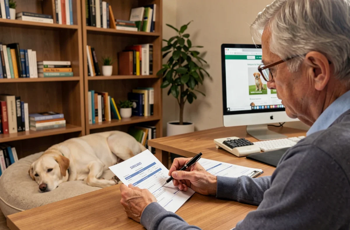 Homme d'une cinquantaine d'années comparant des devis d'assurance chien imprimés dans son bureau à domicile avec son labrador