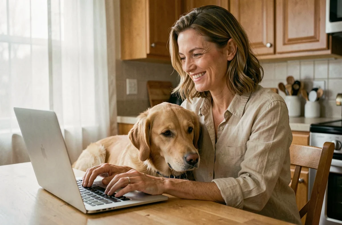 Femme souriante demandant un devis d'assurance chien sur son ordinateur portable avec son golden retriever à ses côtés